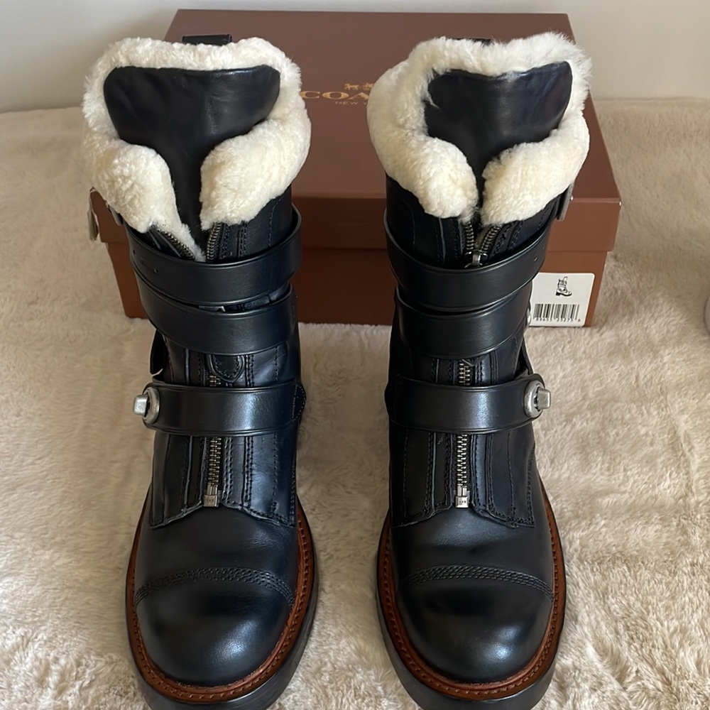 Coach 1941 Black Leather Womens Moto Boot with Shearling 2 inch heel size 8 M. - Picture 3 of 16